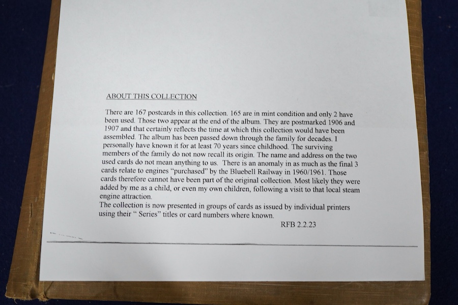 A postcard album containing approximately 160 early to mid 20th century railway related postcards, contained within an Edwardian postcard album, most are unused and unposted, most featuring locomotives and rolling stock,